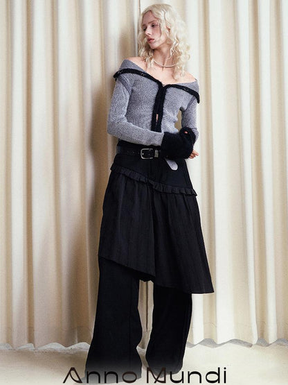 AnnoMundi French Style Layered Ruffle Wide Leg Palazzo Pants