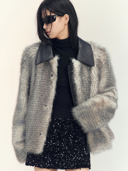 AnnoMundi Gradient Dyed Cropped Faux Fur Coat With PU Trim