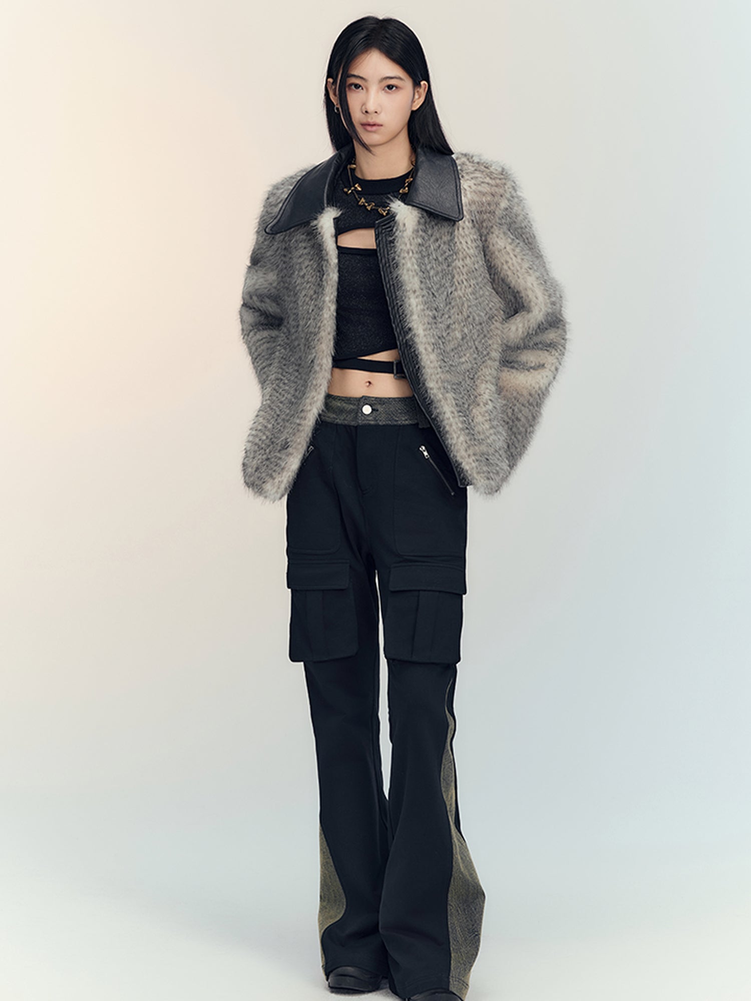 AnnoMundi Gradient Dyed Cropped Faux Fur Coat With PU Trim