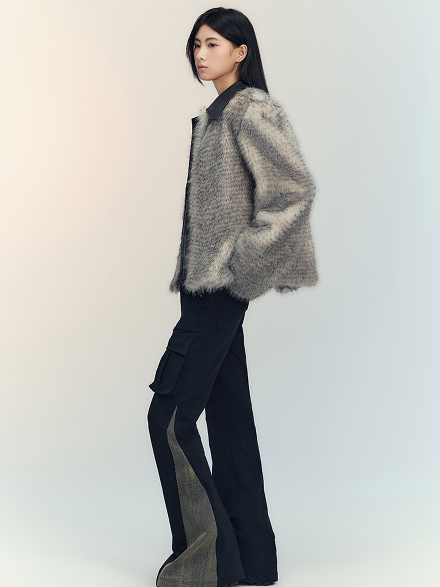 AnnoMundi Gradient Dyed Cropped Faux Fur Coat With PU Trim