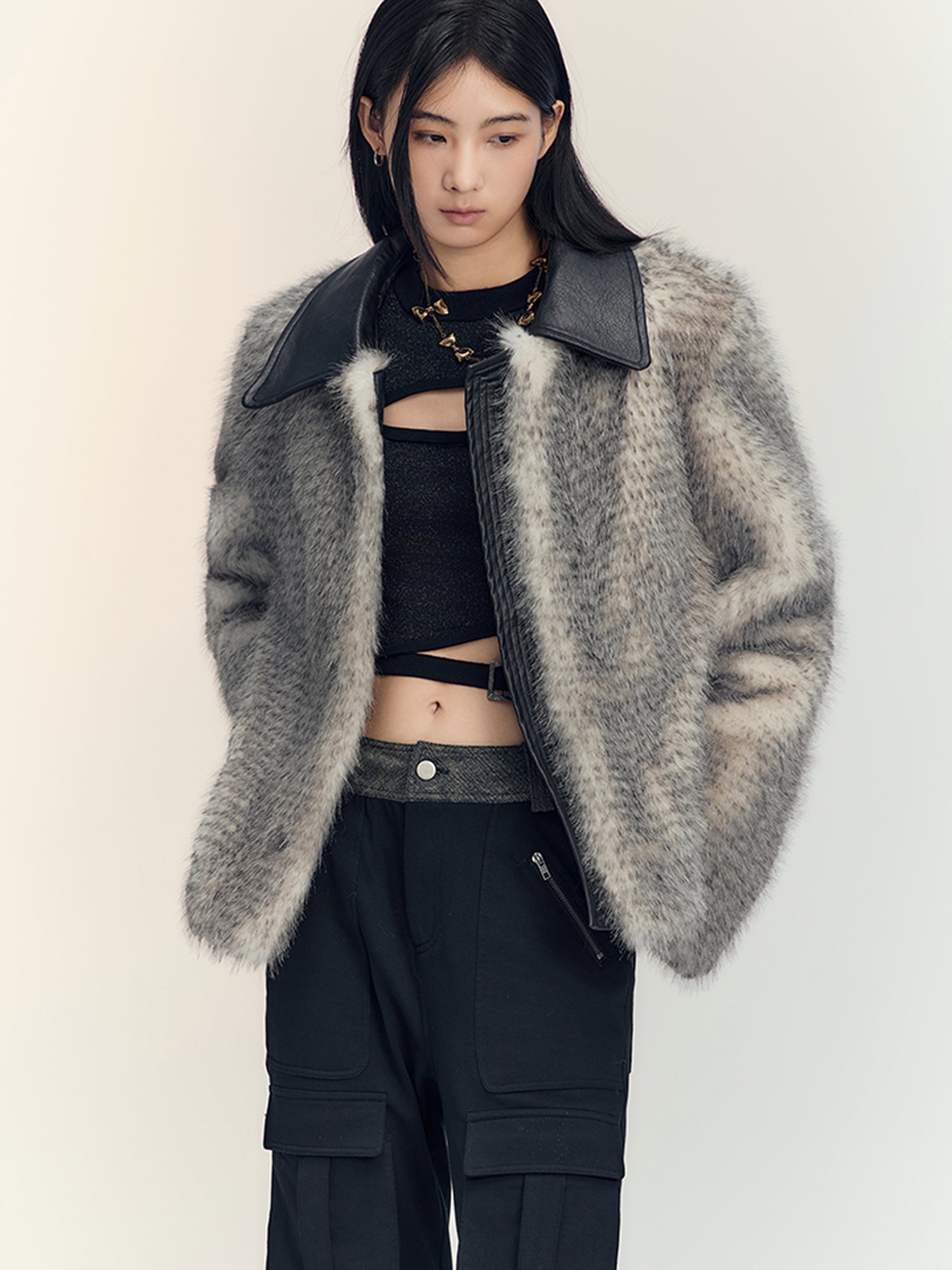 AnnoMundi Gradient Dyed Cropped Faux Fur Coat With PU Trim