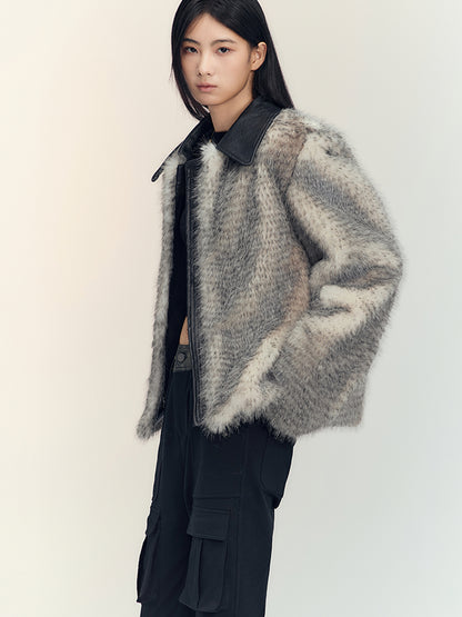 AnnoMundi Gradient Dyed Cropped Faux Fur Coat With PU Trim