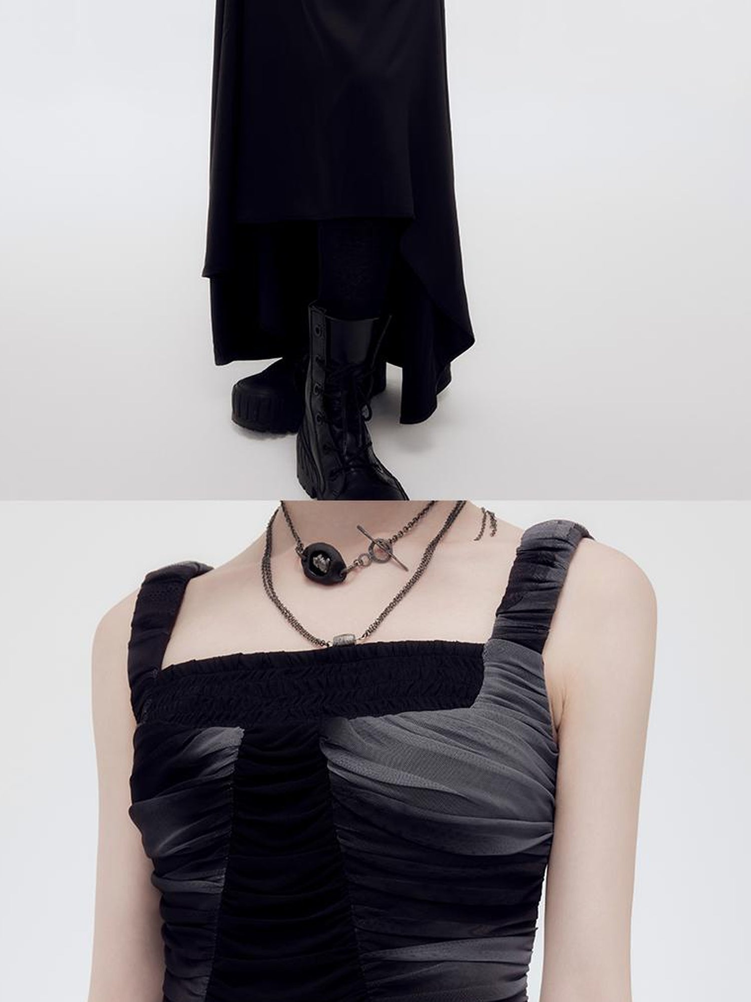 AnnoMundi Halo Bloom Ruffle Sheer Mesh V-Neck T-Shirt Long-Sleeve Dress