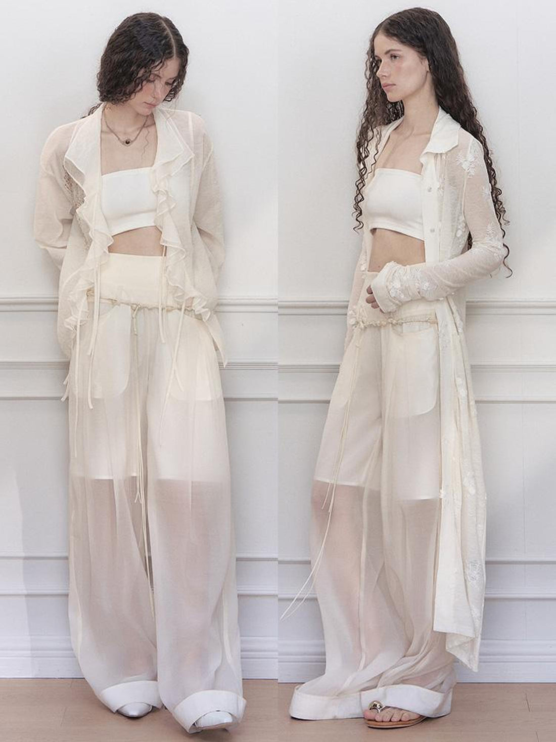 AnnoMundi Hand Beaded Wide Leg Palazzo Pants with Sheer Panels