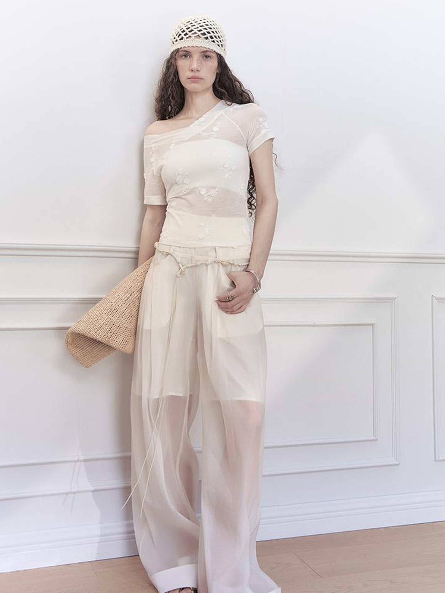 AnnoMundi Hand Beaded Wide Leg Palazzo Pants with Sheer Panels