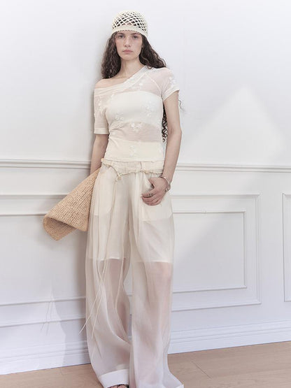 AnnoMundi Hand Beaded Wide Leg Palazzo Pants with Sheer Panels