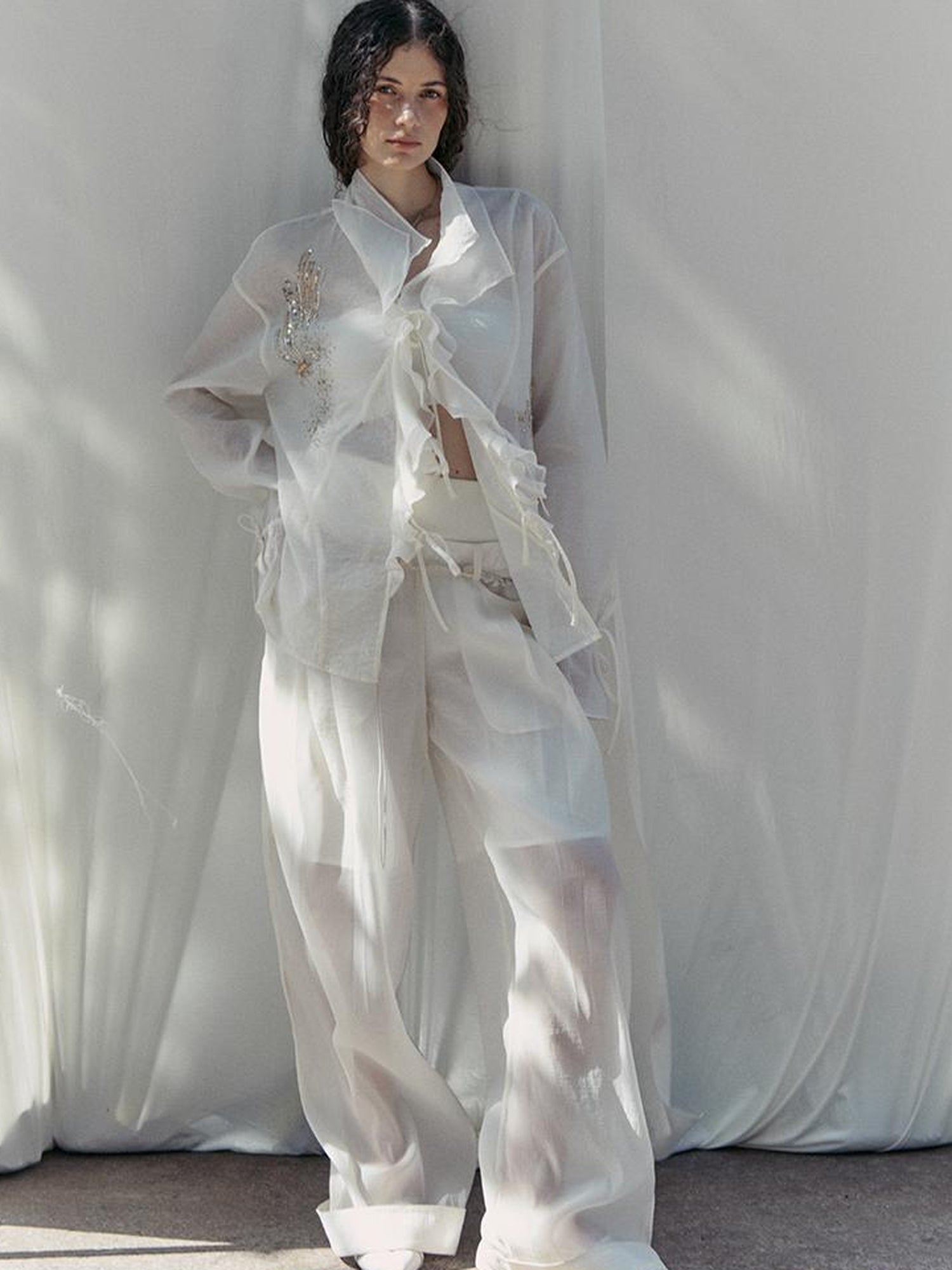 AnnoMundi Hand Beaded Wide Leg Palazzo Pants with Sheer Panels
