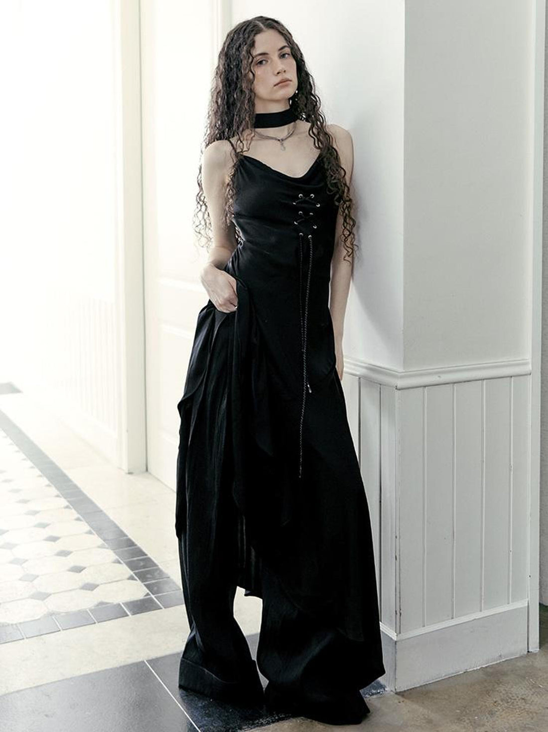 AnnoMundi Hand Beaded Wide Leg Palazzo Pants with Sheer Panels