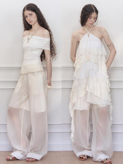AnnoMundi Hand Beaded Wide Leg Palazzo Pants with Sheer Panels