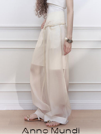 AnnoMundi Hand Beaded Wide Leg Palazzo Pants with Sheer Panels