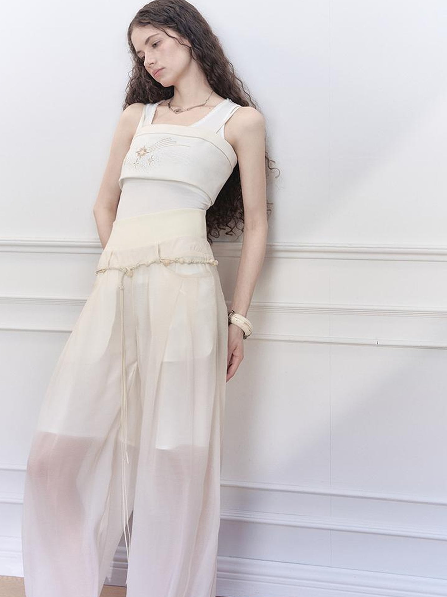 AnnoMundi Hand Beaded Wide Leg Palazzo Pants with Sheer Panels