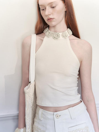 AnnoMundi Hand Crochet Floral Round Neck Halter Top