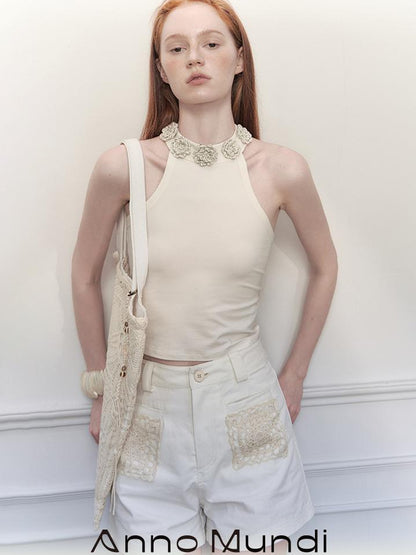 AnnoMundi Hand Crochet Floral Round Neck Halter Top