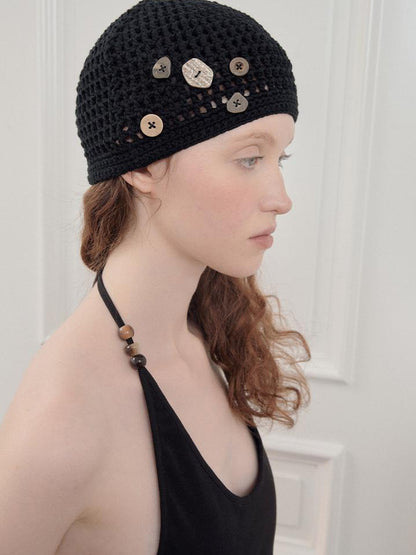 AnnoMundi Hand Crocheted Cotton Mesh Cap With Buttons