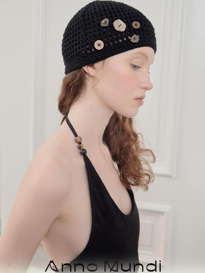 AnnoMundi Hand Crocheted Cotton Mesh Cap With Buttons
