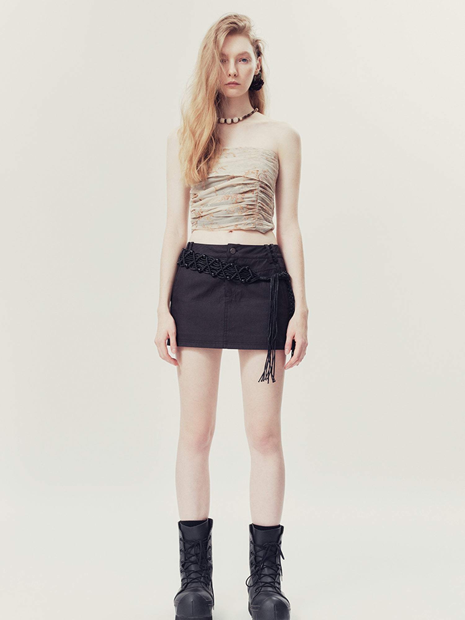 AnnoMundi Handwoven Beaded Rope Belt Low Waist A Line Mini Skirt
