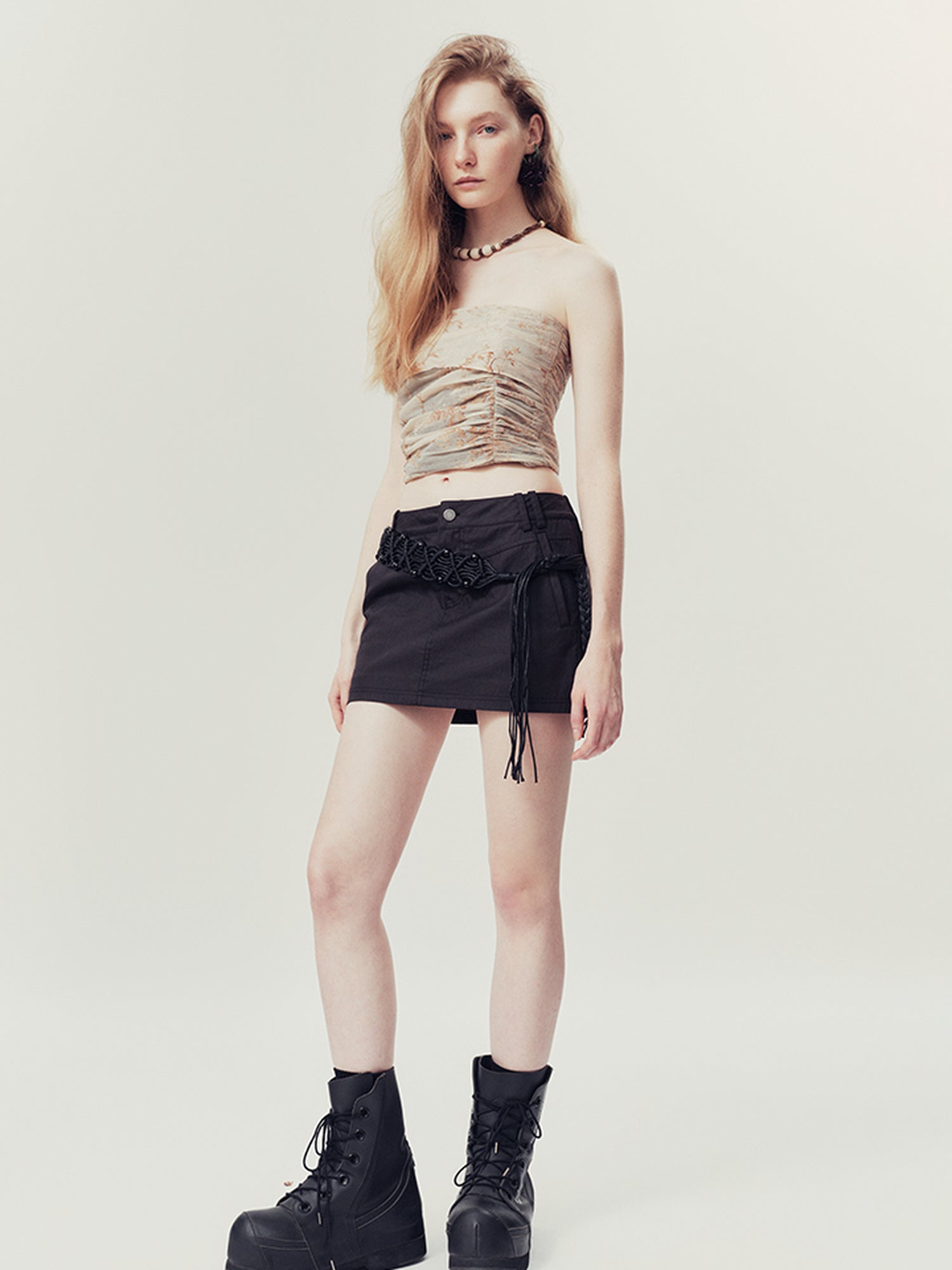 AnnoMundi Handwoven Beaded Rope Belt Low Waist A Line Mini Skirt