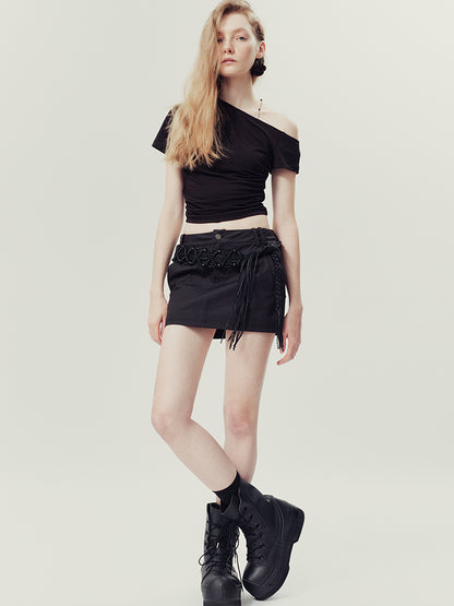 AnnoMundi Handwoven Beaded Rope Belt Low Waist A Line Mini Skirt