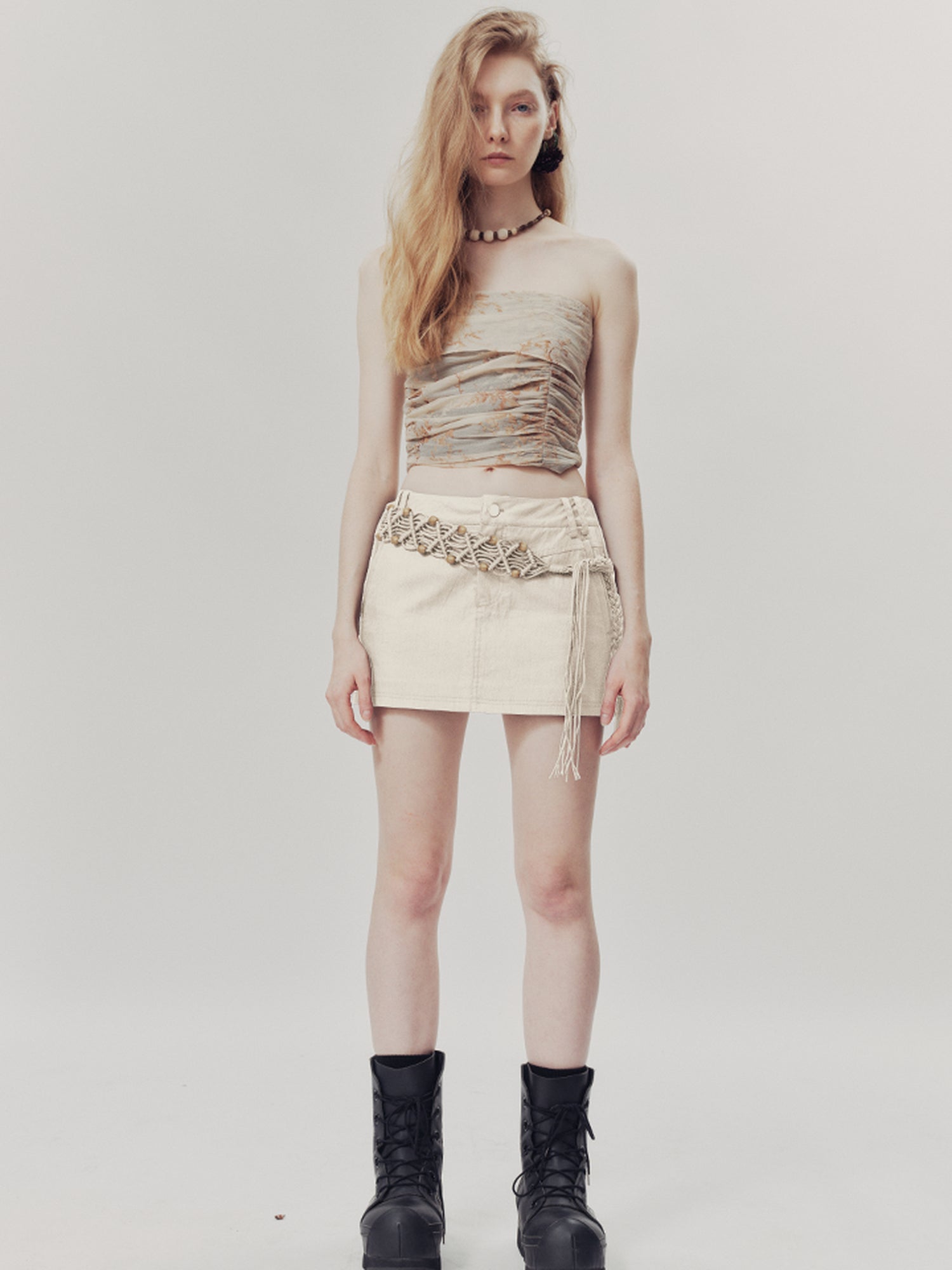 AnnoMundi Handwoven Beaded Rope Belt Low Waist A Line Mini Skirt