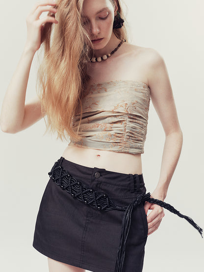 AnnoMundi Handwoven Beaded Rope Belt Low Waist A Line Mini Skirt