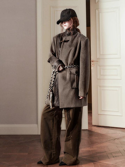 AnnoMundi Handwoven Horn Button Wool Coat with Fleece Lining