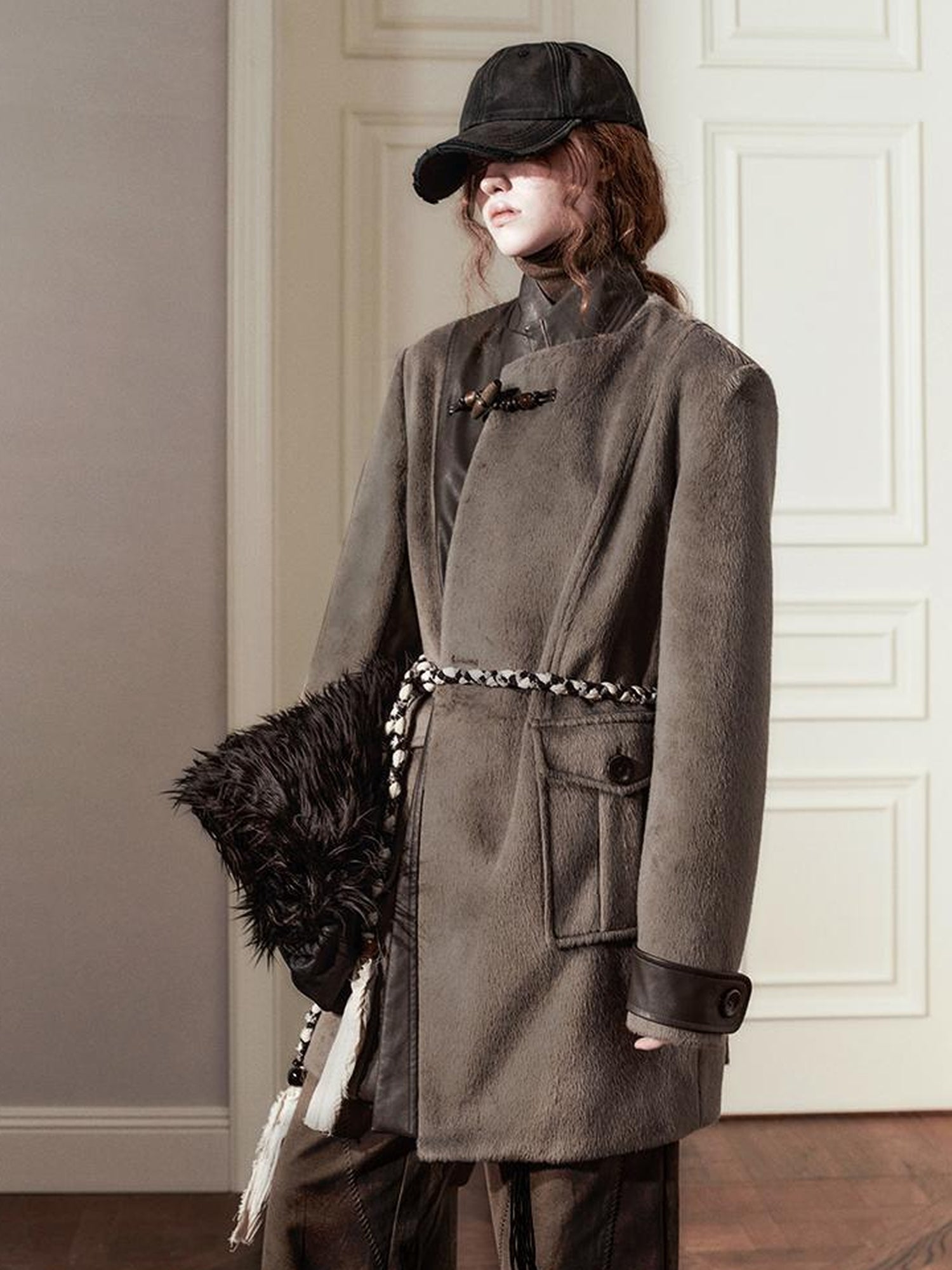 AnnoMundi Handwoven Horn Button Wool Coat with Fleece Lining