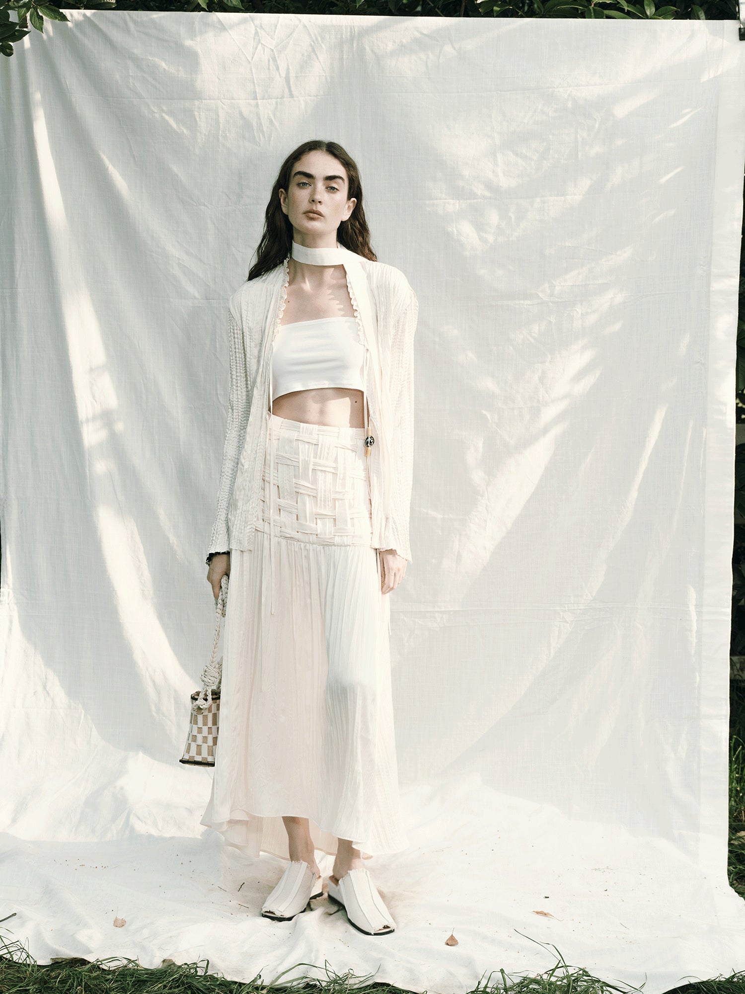 AnnoMundi Handwoven Texture A Line Midi Skirt With Asymmetric Hem