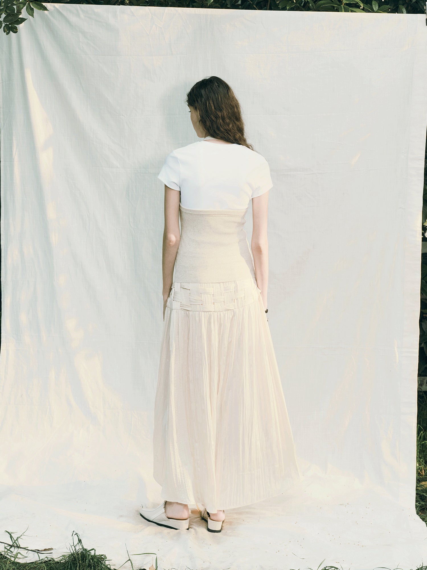 AnnoMundi Handwoven Texture A Line Midi Skirt With Asymmetric Hem