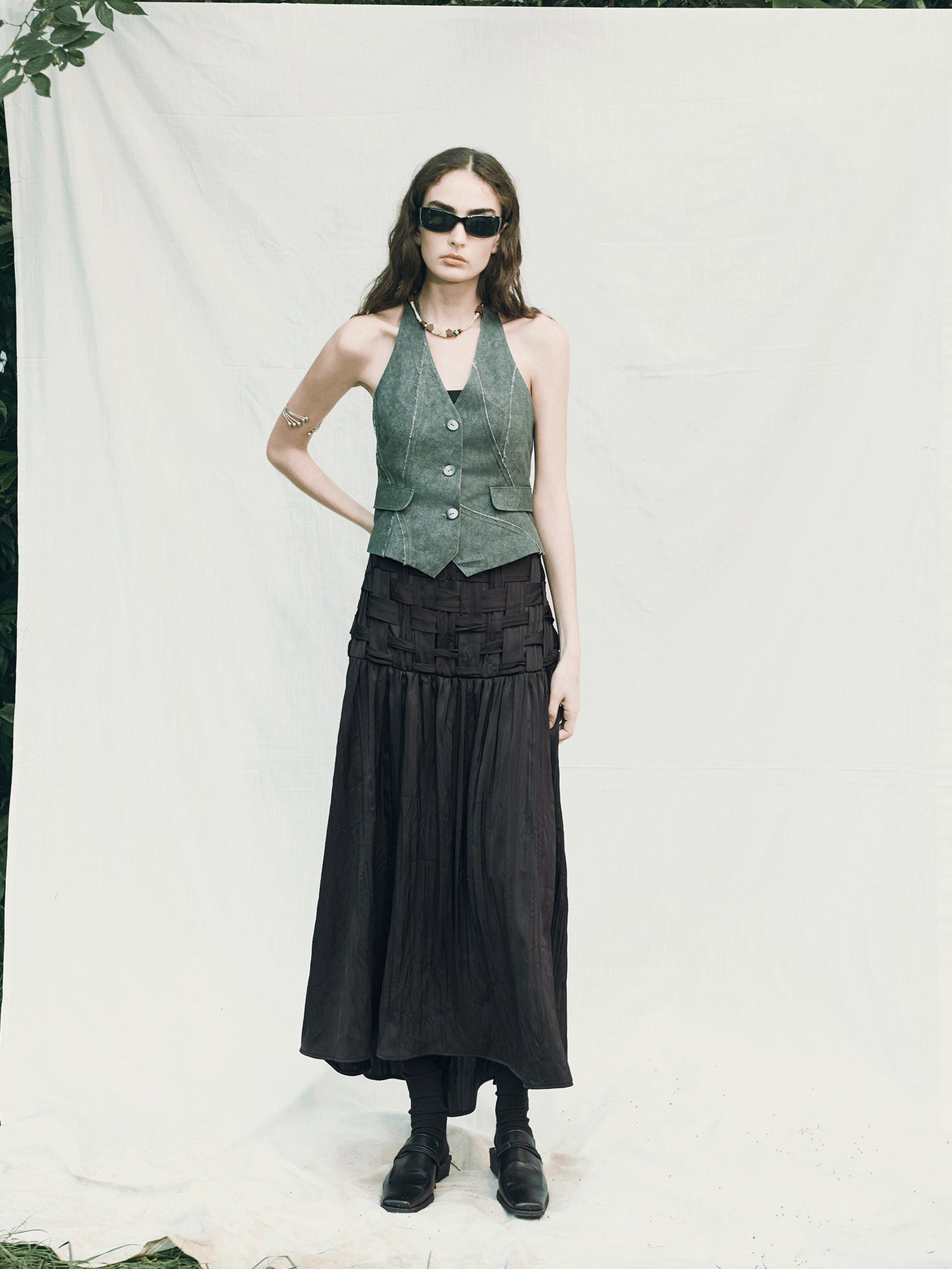AnnoMundi Handwoven Texture A Line Midi Skirt With Asymmetric Hem