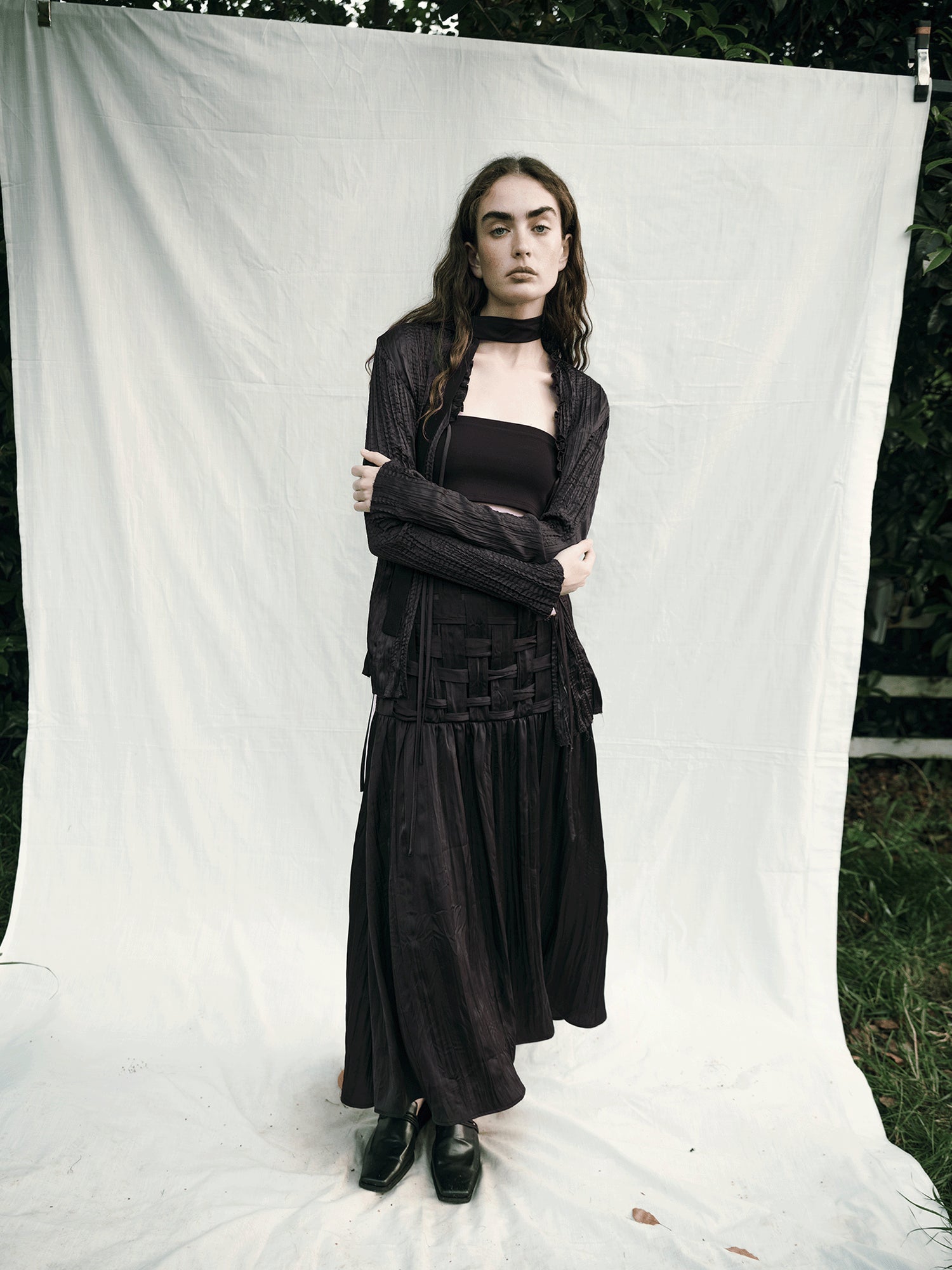 AnnoMundi Handwoven Texture A Line Midi Skirt With Asymmetric Hem