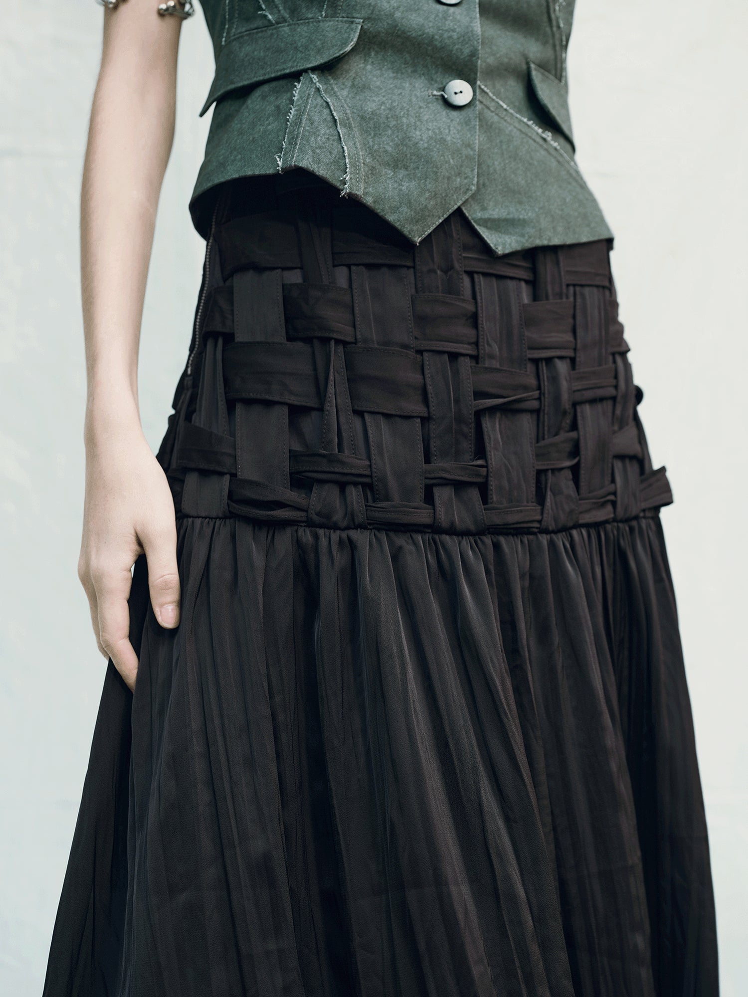 AnnoMundi Handwoven Texture A Line Midi Skirt With Asymmetric Hem
