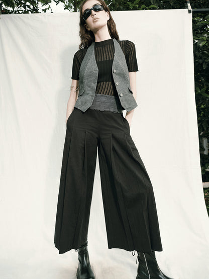 AnnoMundi Handwoven Wide Leg Cropped Trousers In Linen Blend