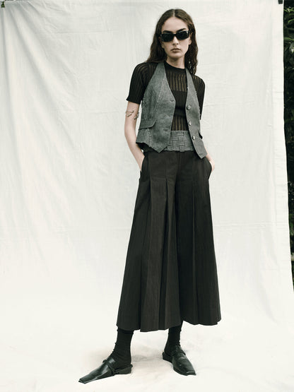 AnnoMundi Handwoven Wide Leg Cropped Trousers In Linen Blend