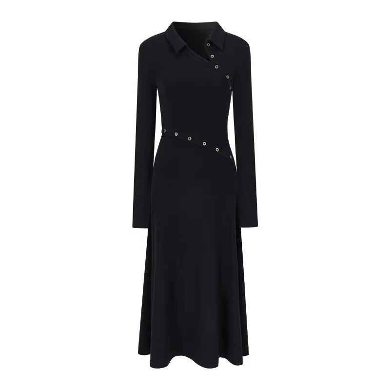 AnnoMundi_High_Waist_Breathable_Slim_Collared_Long_Sleeve_Casual_Women_Black_Maxi_Dresses_MISSTT