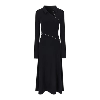 AnnoMundi_High_Waist_Breathable_Slim_Collared_Long_Sleeve_Casual_Women_Black_Maxi_Dresses_MISSTT