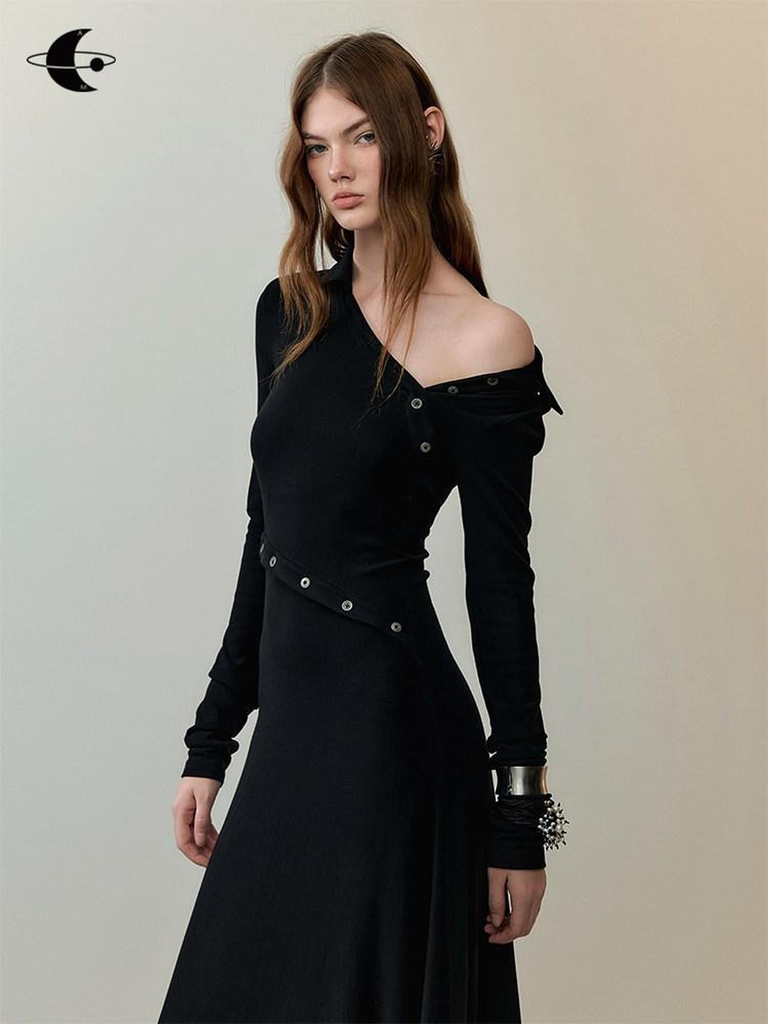 AnnoMundi High Waist Breathable Slim Collared Long Sleeve Casual Women Black Maxi Dresses