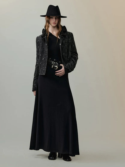 AnnoMundi High Waist Breathable Slim Collared Long Sleeve Casual Women Black Maxi Dresses