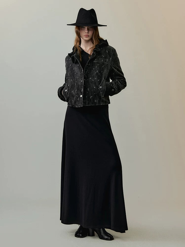 AnnoMundi High Waist Breathable Slim Collared Long Sleeve Casual Women Black Maxi Dresses