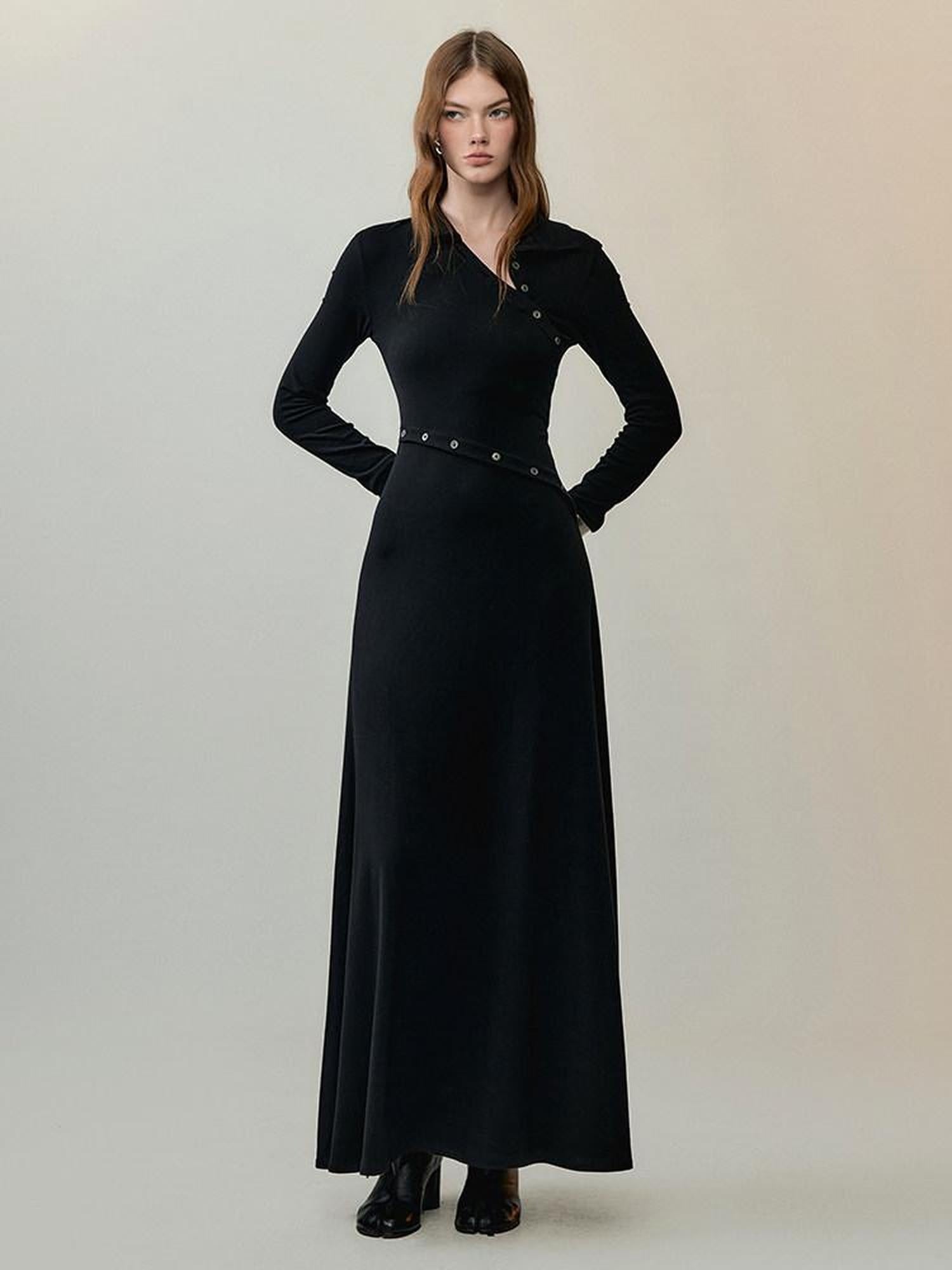 AnnoMundi High Waist Breathable Slim Collared Long Sleeve Casual Women Black Maxi Dresses