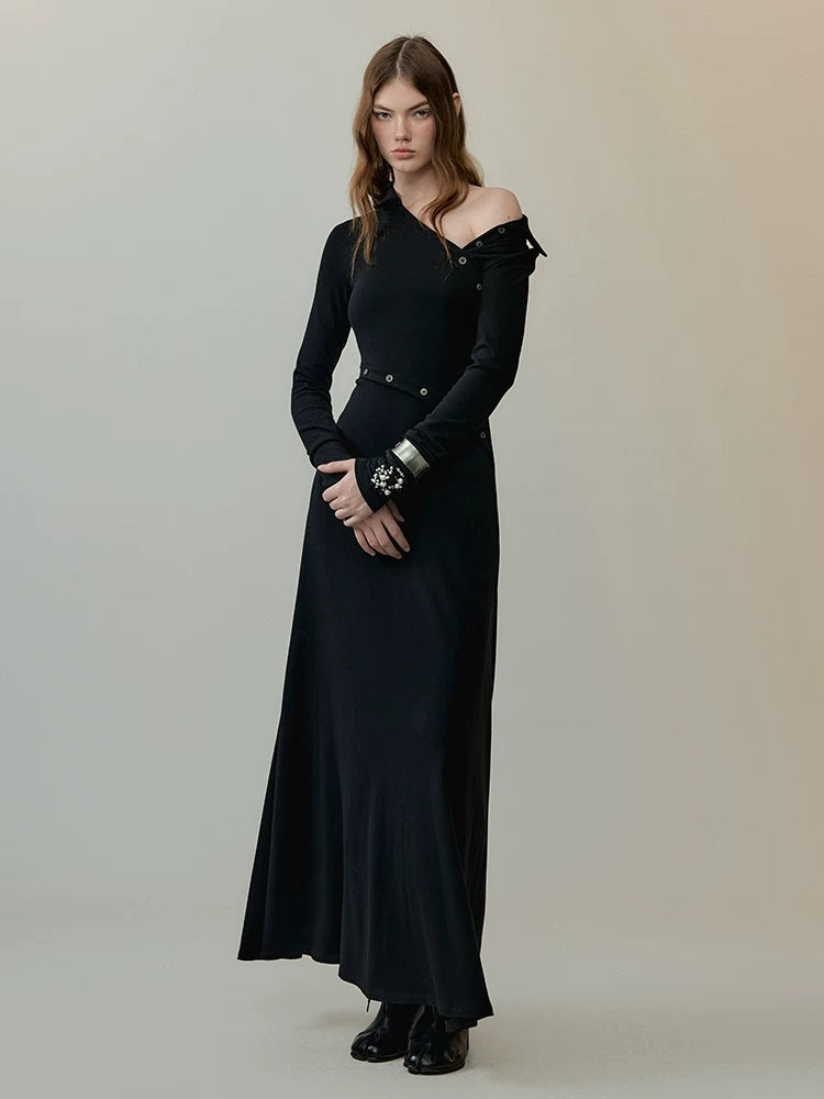 AnnoMundi High Waist Breathable Slim Collared Long Sleeve Casual Women Black Maxi Dresses