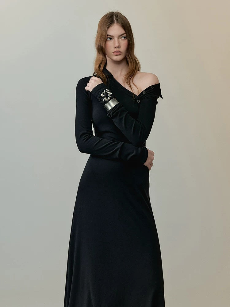 AnnoMundi High Waist Breathable Slim Collared Long Sleeve Casual Women Black Maxi Dresses