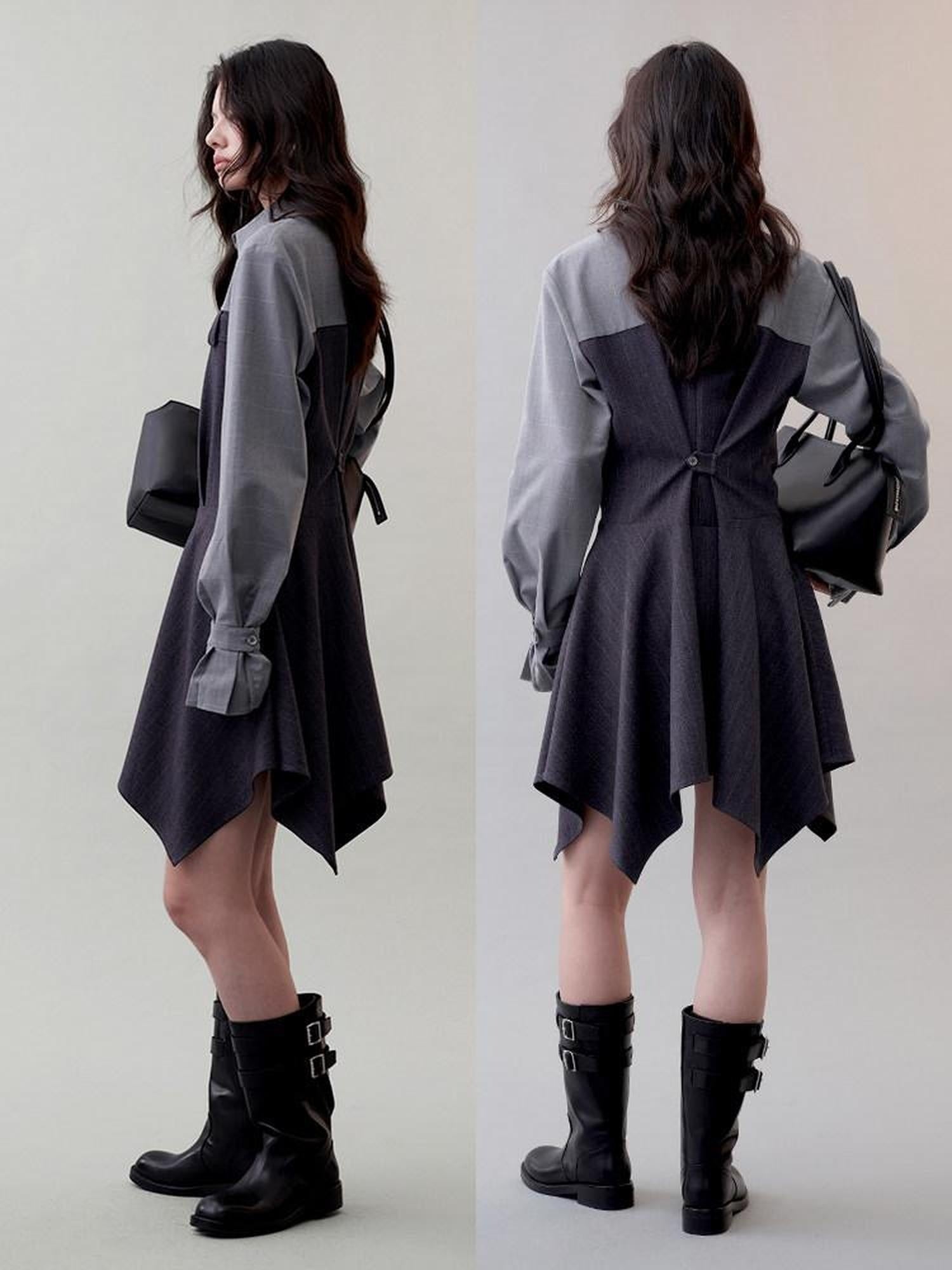 AnnoMundi High Waist Casual Mock Two Piece X Shape Longsleeve Women Dark Gray Mini Dresses