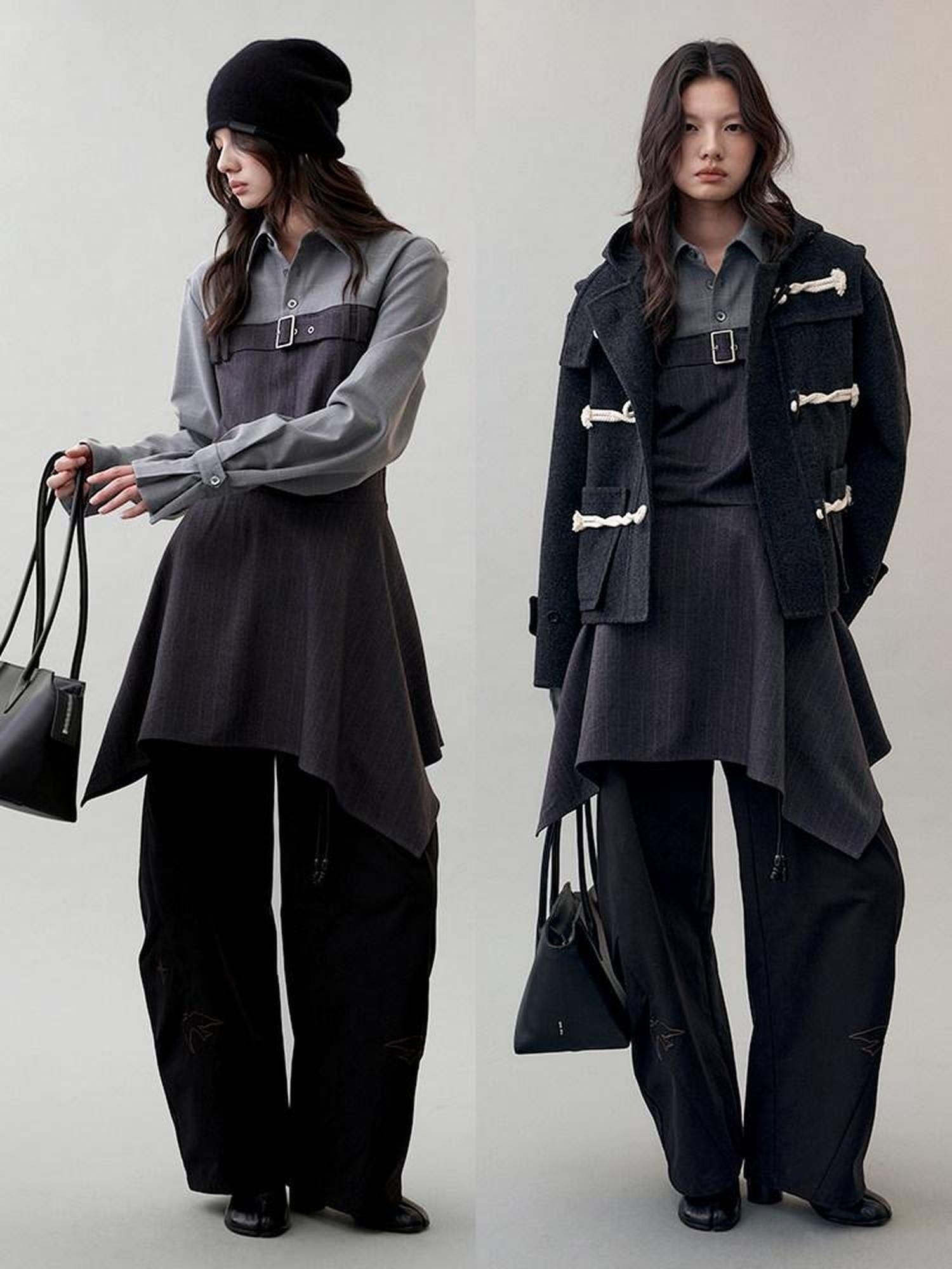 AnnoMundi High Waist Casual Mock Two Piece X Shape Longsleeve Women Dark Gray Mini Dresses