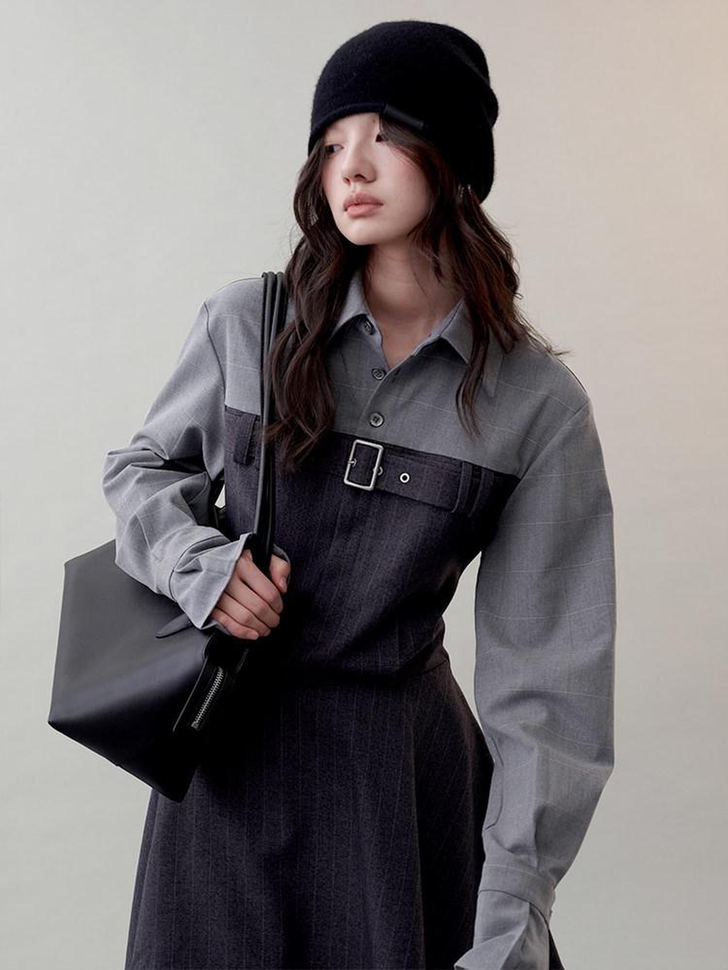 AnnoMundi High Waist Casual Mock Two Piece X Shape Longsleeve Women Dark Gray Mini Dresses