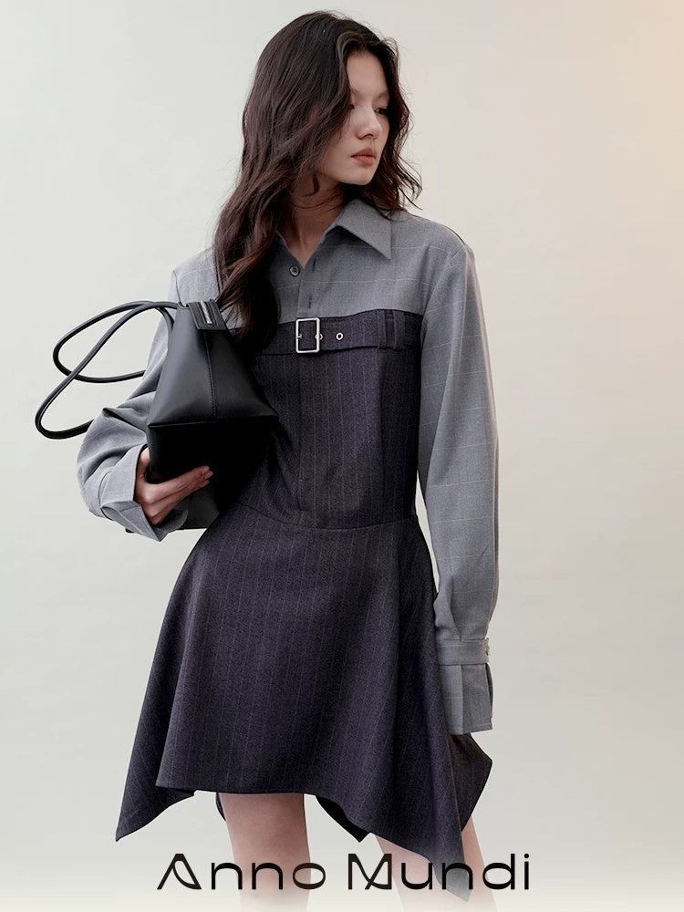 AnnoMundi High Waist Casual Mock Two Piece X Shape Longsleeve Women Dark Gray Mini Dresses