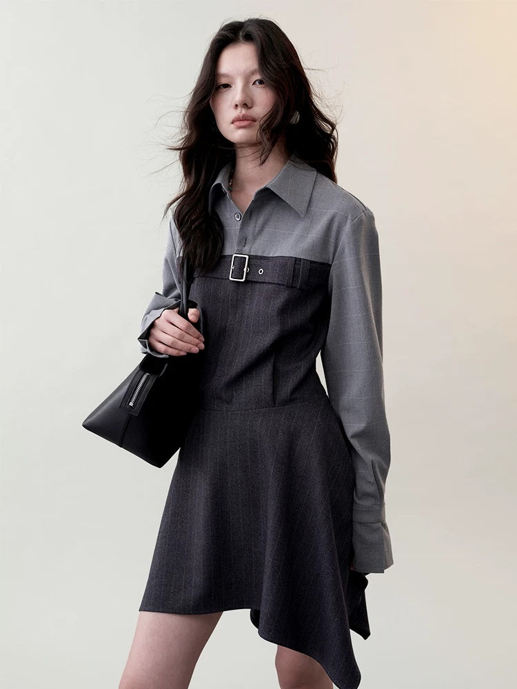 AnnoMundi High Waist Casual Mock Two Piece X Shape Longsleeve Women Dark Gray Mini Dresses