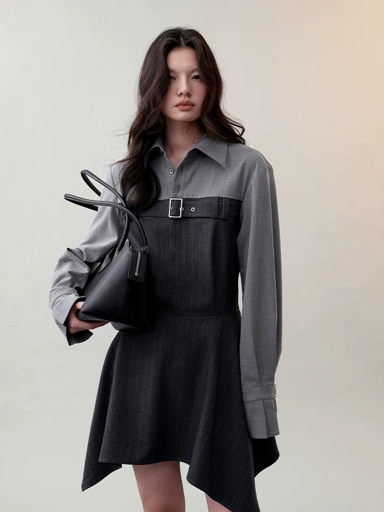 AnnoMundi High Waist Casual Mock Two Piece X Shape Longsleeve Women Dark Gray Mini Dresses