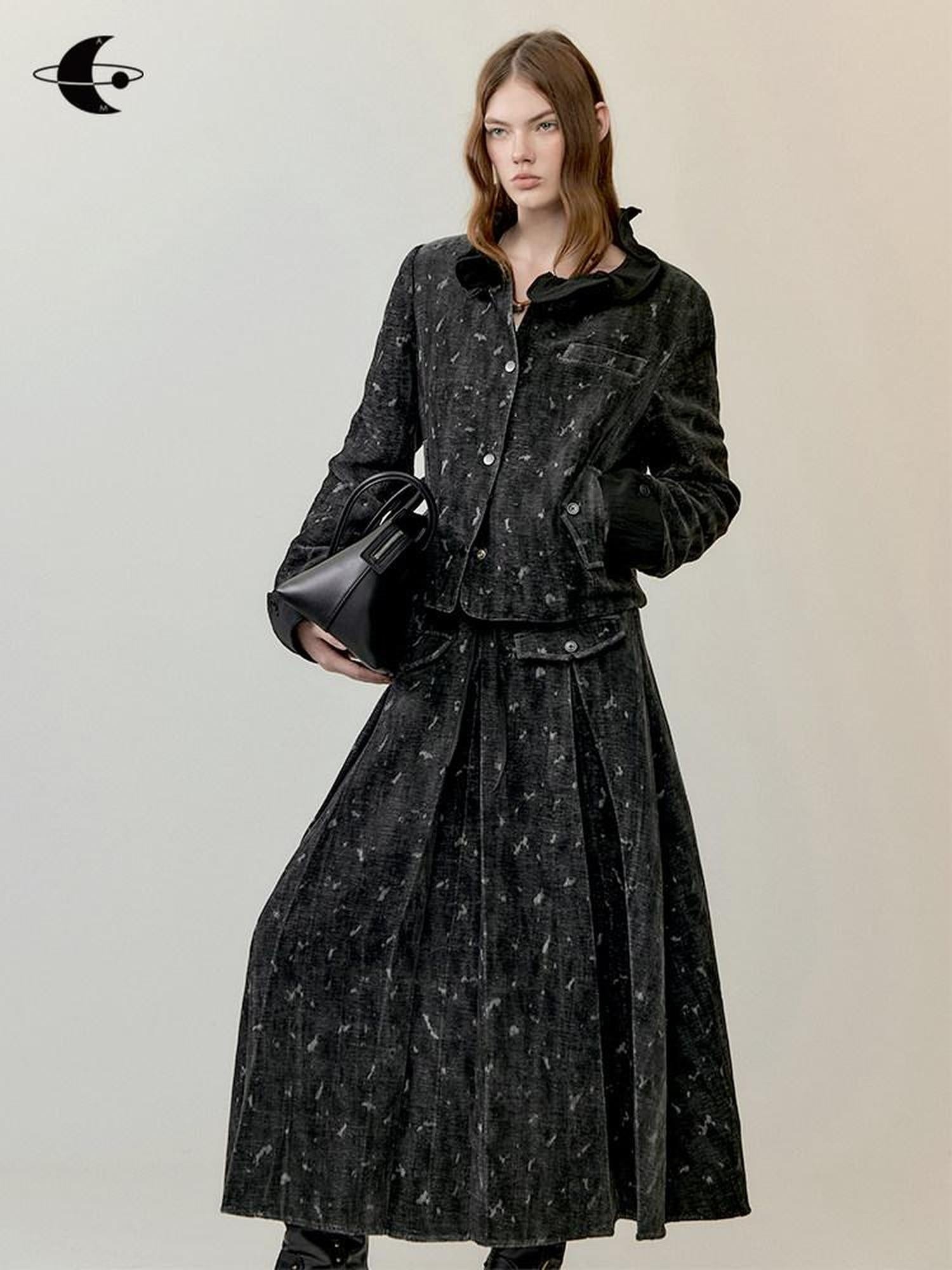 AnnoMundi High Waist Maxi Skirt Two Piece Cropped Blazer Women Casual Black Gray Suit