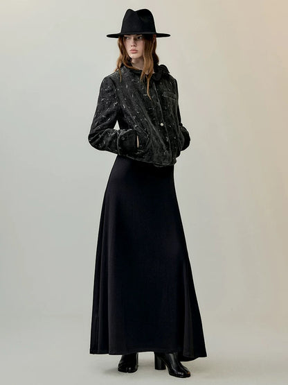 AnnoMundi High Waist Maxi Skirt Two Piece Cropped Blazer Women Casual Black Gray Suit