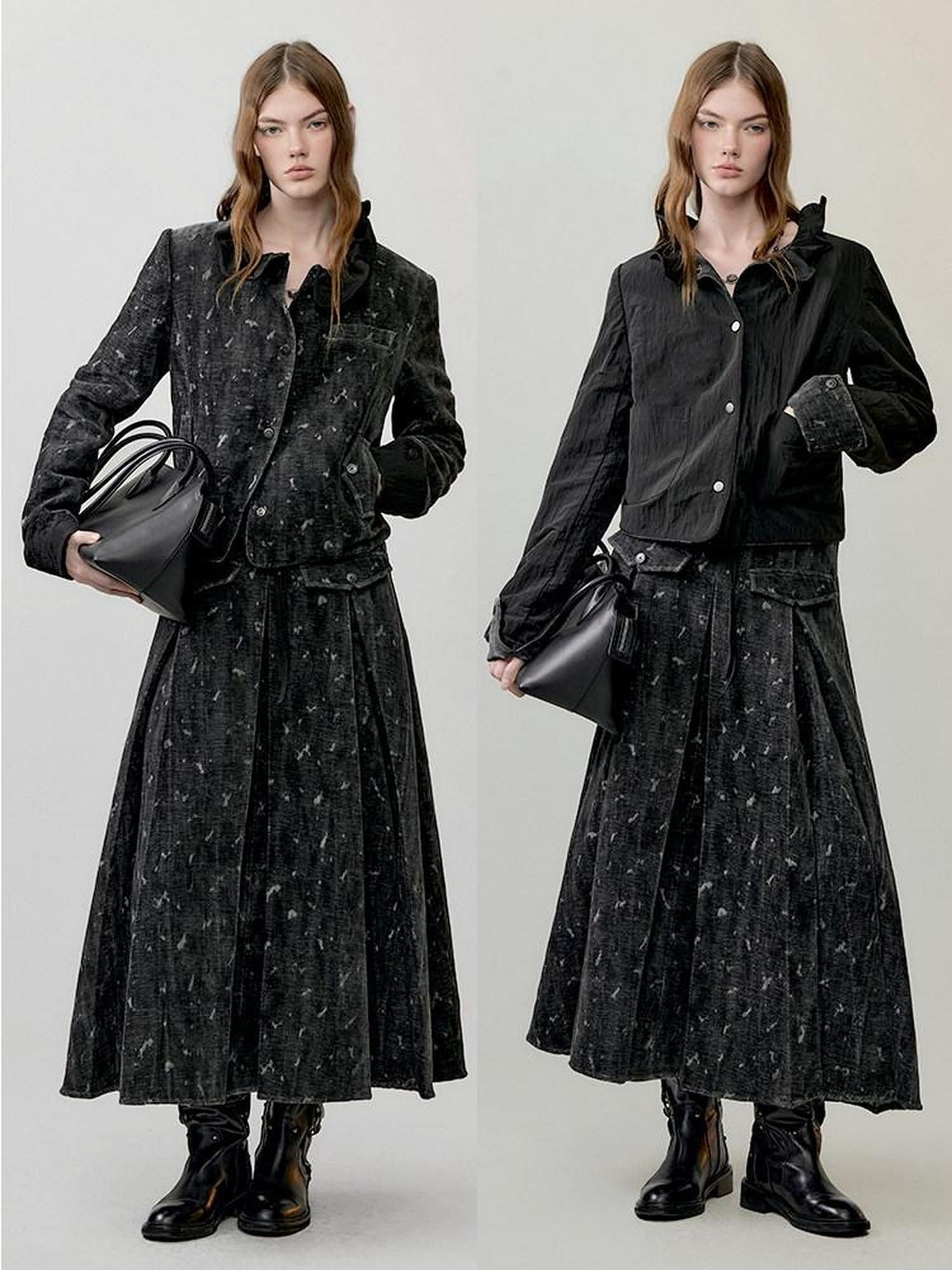 AnnoMundi High Waist Maxi Skirt Two Piece Cropped Blazer Women Casual Black Gray Suit
